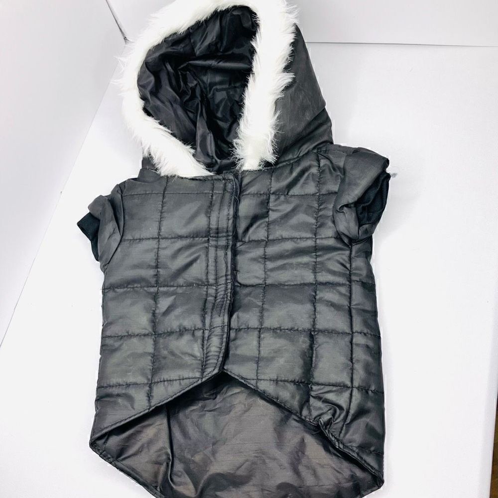 Small Dog Puffer Sleeveless Vel cro Fastened Fur Hoodie In Black